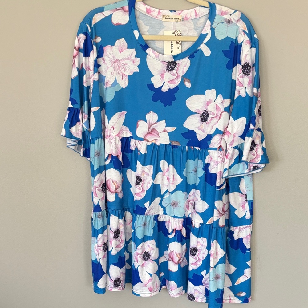 Blue Floral Tiered Tunic with Ruffle Sleeves